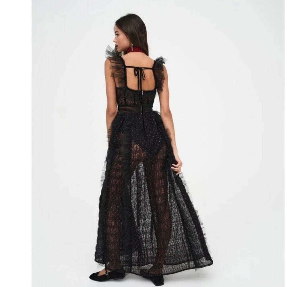 FOR LOVE AND LEMONS Black Mesh Polka Dot Janelle Ruffled Dress size Small nwt - Picture 2 of 16